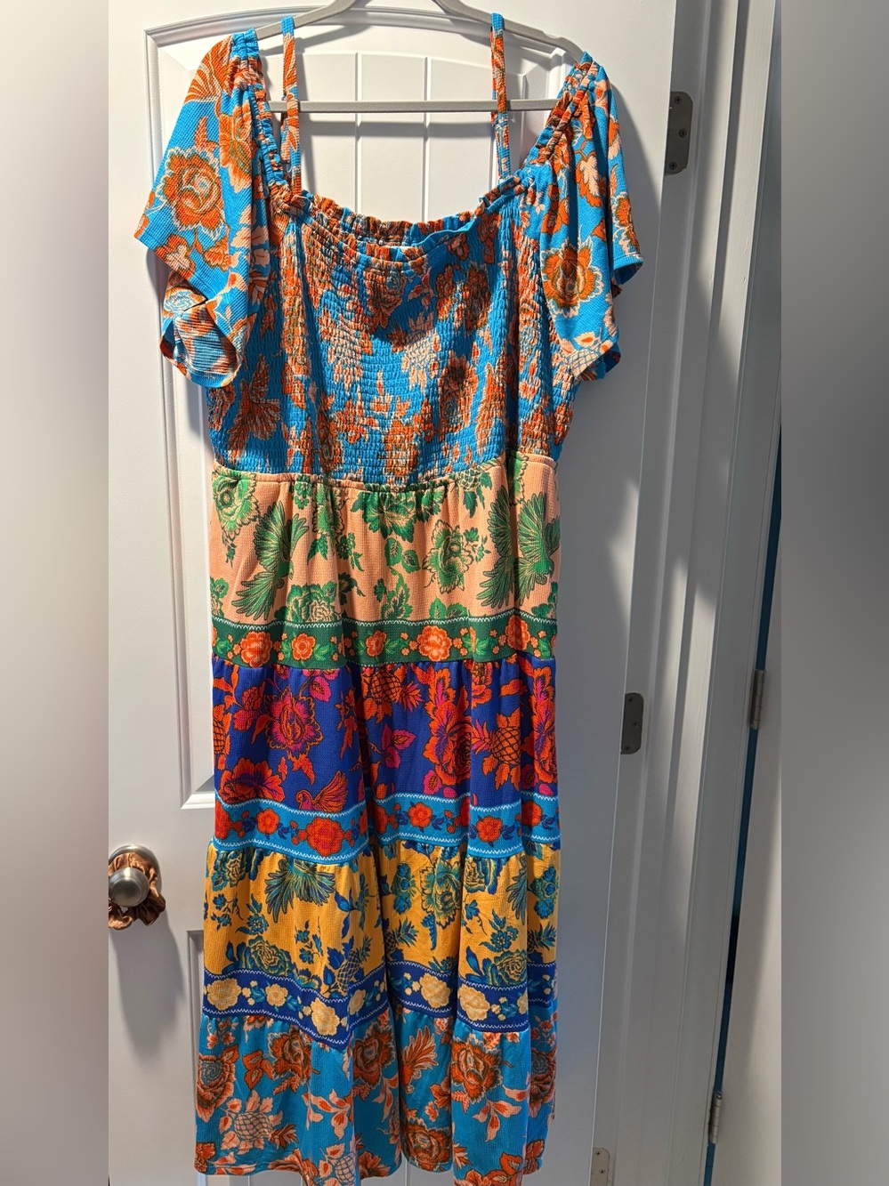 Cato Patchwork Floral Smocked Off Shoulder Boho Dress Y2K Revival Vibrant 26/28P